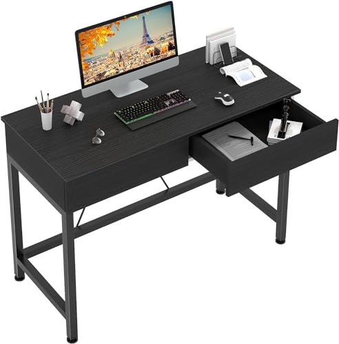 CAIYUN Small Computer Desk with Drawers, 39.4 Inch Home Office Desks with Storage, Simple Modern Kids Desk, Vanity Desk for Bedroom, Work Study Writing Desk Table for Small Spaces (Black, Wooden) - color: Black, size: 39 Inch