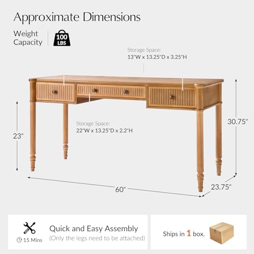 HULALA HOME 60 Inches Fluted Writing Desk with Charging Station, Teak - color: Teak