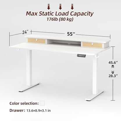 TIQLAB Standing Desk with Two Drawers, Stand Up Standing Desk Adjustable Height, Electric Sit Stand Table with Storage Shelf and Splice Board, 55 * 24 inch, White Wicker - color: White Wicker, size: 55*24 inch without keyboard tray