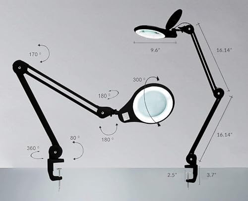 Neatfi LED Magnifying Lamp 1,200 Lumens with Clamp – 5” 5-Diopter Glass Lens, Dimmable Task Light | Adjustable Arm | Reading, Sewing & Crafting (Black, 5-Diopter) - color: Black, size: 5-Diopter