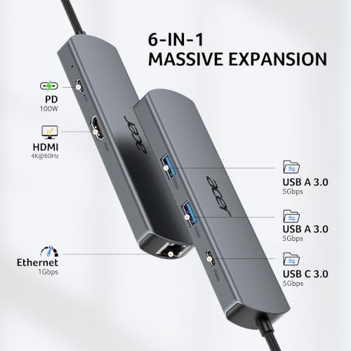acer 6 in 1 USBC Hub with Ethernet, 4K@60Hz USBC to HDMI Multiport Adapter