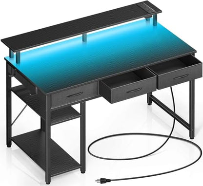 Rolanstar Computer Desk with Power Outlets & LED Light, 39 inch Home Office Desk with 3 Drawers and Storage Shelves, Writing Desk with Monitor Stand, Modern Work Desk for Home Office, Carbon Black