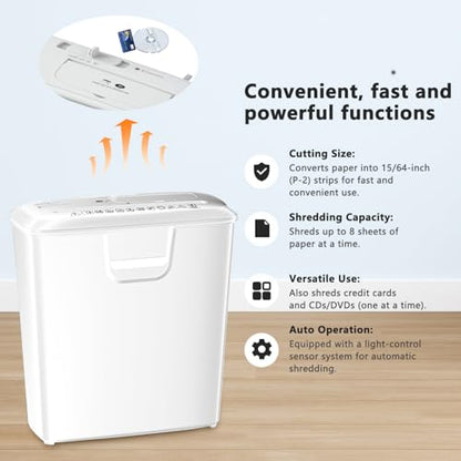 Bonsaii Quiet Strip-Cut Shredder, Up to 8 Sheets, Offering high Security, CDs, Credit Cards, Overheat Protection, Equipped with a 3.4-Gallon bin, Operates Quietly, Ideal for Home Office, White - color: White, size: 8-sheet | Strip Cut