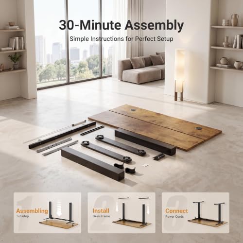 Claiks Electric Height Adjustable Standing Desk, 55x24 Inch, Rustic Brown | Smooth Height Adjustment, 3 Memory Presets, Cable management hub & hook, Stable Steel Frame, 156 lbs Capacity, Easy Assembly - color: Rustic Brown, size: 55