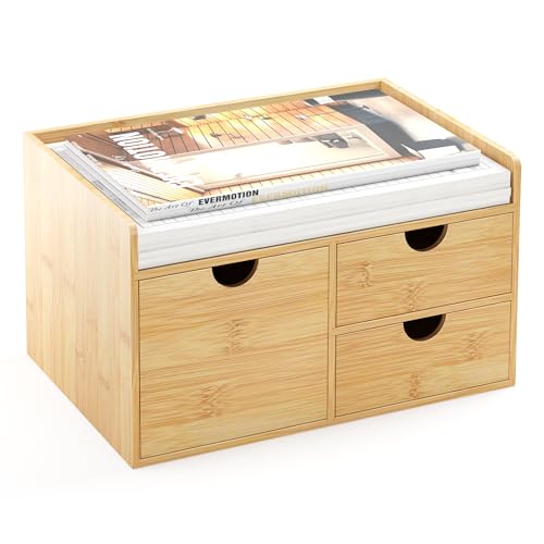 Bamboo Desk Organizer with Drawers, Desktop Storage Box for Office Supplies | 3 Drawers Desktop organizer, No Assembly Required, Natural Wood Wooden Desktop Drawers for Bills, Cosmetics, Seals, Paper - color: Natural-3 Drawers Left Right, size: 12.2"L x 8