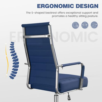 JOMEED Office Desk Chair,Conference Room Chair,High Back PU Leather Swivel | Modern Executive Ribbed Design, Ergonomic, Height Adjustable, Wheels and Arms, for Home Office(Blue-Silver Frame) - color: Blue