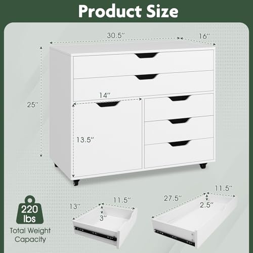 Rolling 5-Drawer File Cabinet, Mobile Printer Stand (White) | Modern Lateral Filing Cabinet | 5 Universal Wheels | For Living Room, Study, Home Office - color: White