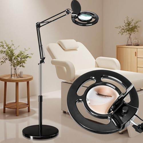 Esthetician 10X LED Magnifying Lamp, 2500 Lumens, Stepless Dimmable | Adjustable Swing Arm, Lighted Standing Mag Floor Lamp for Eyelash Extensions, Tattoo, Crafts, Nail, Sewing, Cross Stitching - color: Black