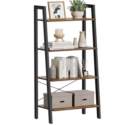 VASAGLE BARNET Collection - Ladder Shelf, Bookshelf, Storage Rack, Modern Bookcase for Living Room Home Office Kitchen, Steel Frame, 4-Tier, 22-Inch Wide, Rustic Brown and Ink Black ULLS44X - color: Rustic Brown + Ink Black, size: 4 Tiers (22"W), style: I