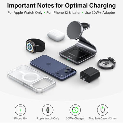 3-in-1 Wireless Charging Station for iPhone 17/16/15/14/13/12 Series, Apple Watch & AirPods, Aluminum Magnetic Charger Stand, MagSafe Compatible Fast Charging Dock for Multiple Devices