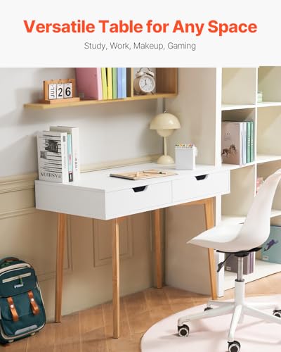 VEVOR Small Desk with Drawers, Kids Desk for Bedroom, Wooden Simple Study Table for Drawing, Reading, Writing, Rectangle MDF Furniture Study Storage Table for Home, Office, White + Wood - size: 38.98"D x 20.08"W x 30.12"H