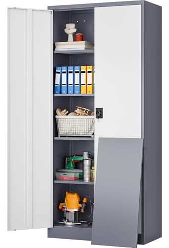 Wide & Deep Metal Storage Cabinet with Shelves,72 inch Tall Garage Storage Cabinet with Lock,Gray White Metal Cabinets with Locking Doors,Large Steel Lockable Cabinets for Home,Office,Shop,Garage - color: Gray White, size: 72"H x 36"W x 18"D