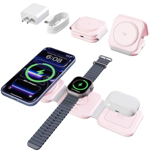 15W Magnetic Travel Charging Station, 3-in-1 Foldable MagSafe Charger - color: Blush Pink