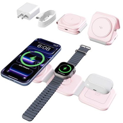 15W Magnetic Travel Charging Station, 3-in-1 Foldable MagSafe Charger - color: Blush Pink