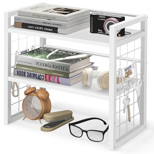 ELITEROO Desk Shelf Organizer, Tiered Wood Desktop Book Shelf, White - color: White
