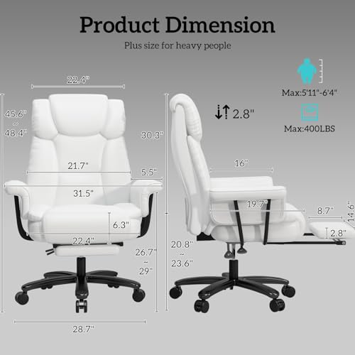 GYI 160 Reclining Office Chair with Footrest, Big & Tall Desk Chair, White | Cross Legged Seat, High Back, Faux Leather, Heavy Duty Base, Adjustable Height, for Home, Executive - color: White