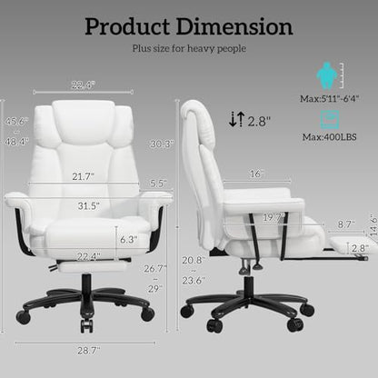 GYI 160 Reclining Office Chair with Footrest, Big & Tall Desk Chair, White | Cross Legged Seat, High Back, Faux Leather, Heavy Duty Base, Adjustable Height, for Home, Executive - color: White