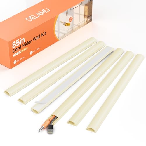 Delamu 85in Adhesive Cord Hider Wall, Mounted TV Cord Cover Kit, Multiple Cable Raceways for Wall Corner, Wire Cover Hiders for 1-2 Cables, 1.18" W X 0.43" H, Beige - color: Beige, size: 85in L X 1.18in W X 0.43in H