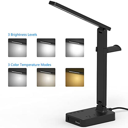 Drevet LED Desk Lamp with Headphone Stand, Desk Light with 1 USB Charging Port and 2 AC Power Outlet, 3 Lighting Modes, 3 Level Brightness,1H Timer, Memory Function, Eye-Caring Gaming Desk Lamp - color: Black3.0 with headphone stand