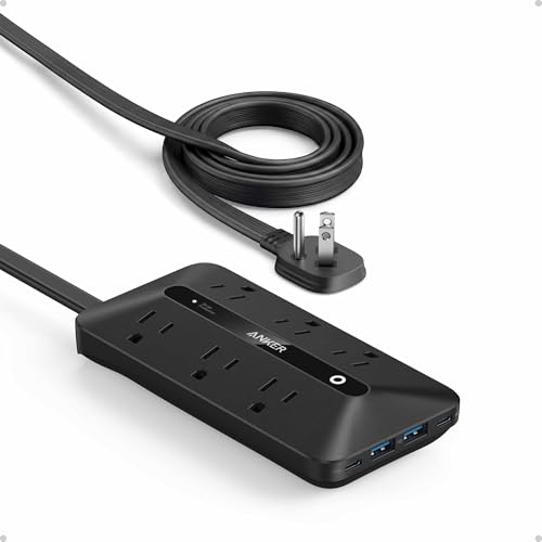 Anker Power Strip with 300J Surge Protector, 10ft Outlet Extender, 20W, 6AC | Flat Plug Extension Cord with Multiple Outlets, 2 USB C, 2 USB A, Dorm Room Essentials, Home Office, TUV Listed - color: Black, size: 10FT