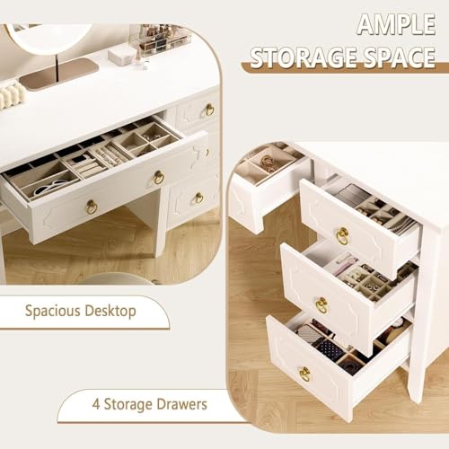 MaverickFurni 45" White Desk with Drawers, Small Desk with Golden Handle | Home Office Desk with Storage for Bedroom, Make Up Vanity Desk with Gold Accents for Girls, White