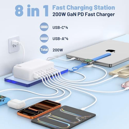 8-Port USB C Charging Station,65W GaN USB C Charger Block,PD 3.0 Desktop Charger, Power Strip Adapter Compatible with iPhone 17/16/15/14,MacBook Air/Pro,DELL, iPad Pro,Galaxy and More,White - color: WHITE