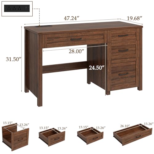 Farmhouse 47" Computer Desk, Executive Desk with File Drawer, Red-Brown. - color: Red-brown