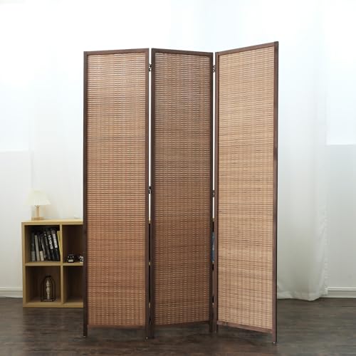 Furnnylane 3 Panel Bamboo Room Divider - 5.6 ft Tall Folding Privacy Screen for Room Separation, Natural Brown Freestanding Partition Wall for Home Office (67" H x 46" W) - color: Brown, size: 3 Panel