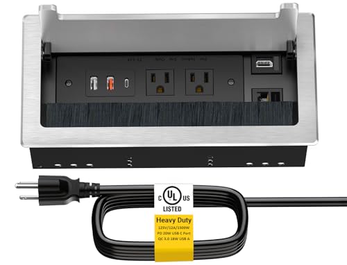 Kungfuking Conference Table Power Hub, Outlet Multimedia Connectivity Box with 1 HDMI + 1 RJ45 + 20W USB C + 2 USB A + 2 AC Outlets, Heavy Duty Metal Table Top Box for Countertop Office UL Listed - color: 1PCS 6FT HDMI Silver
