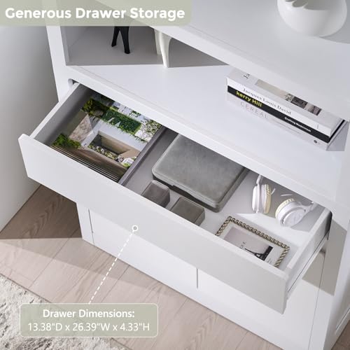72" Tall Modern Bookshelf with Doors, 5-Tier Large Bookcase w/Drawer, Wooden Storage Cabinet w/Adjustable Shelves, Versatile Book Shelf w/Curved Profile Design for Living Room, Office, White - color: White