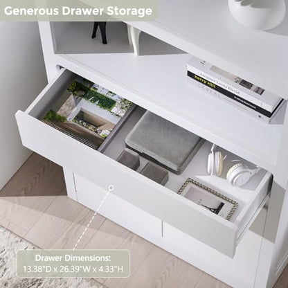 72" Tall Modern Bookshelf with Doors, 5-Tier Large Bookcase w/Drawer, Wooden Storage Cabinet w/Adjustable Shelves, Versatile Book Shelf w/Curved Profile Design for Living Room, Office, White - color: White