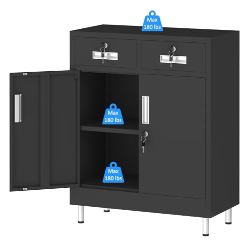 Metal Storage Cabinet with Locking Doors and 2 Drawers, Lockable Storage Cabinet with Adjustable Shelf for Home Office Garage Entryway Pantry (Black)