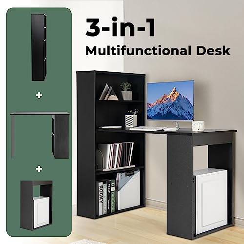 GIANTEX 48 Inch Computer Desk with Bookshelf, 3-in-1 Home Office Desk with 4-Tier Bookcase & CPU Stand, Space-Saving Reversible Writing Desk Work Table for Bedroom, Study Room, Office (Black) - color: Black