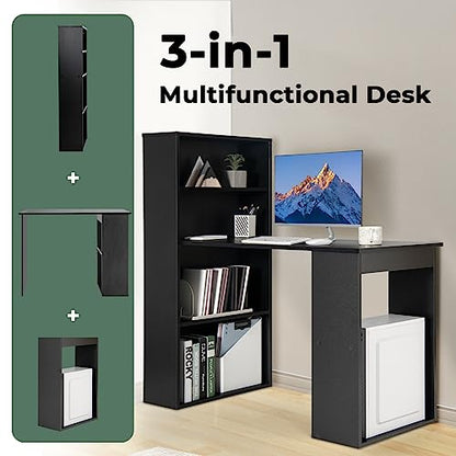 GIANTEX 48 Inch Computer Desk with Bookshelf, 3-in-1 Home Office Desk with 4-Tier Bookcase & CPU Stand, Space-Saving Reversible Writing Desk Work Table for Bedroom, Study Room, Office (Black) - color: Black