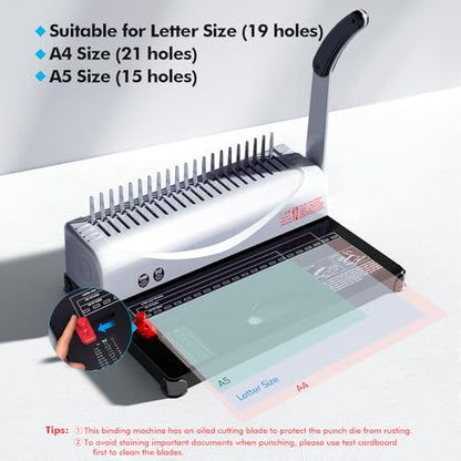 Comb Binding Machine - Punch 12 Sheet, Easy Punch No Jam, Heavy-Duty Metal Build, Book Binder for Office Reports & Home School Projects, Includes 100 Combs, Letter/A4/A5 Compatible - color: Silver