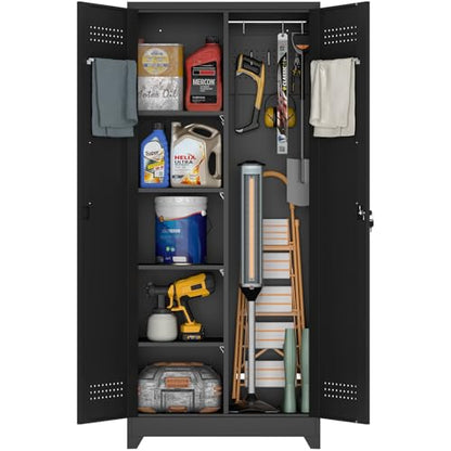 Metal Utility Closet,Broom Closet Storage Cabinet with Doors and Shelves,Locking Storage Cabinets for Home Office,Gym,Laundry,Black - size: 72"H x 31.5"W x 15.74"D-Black