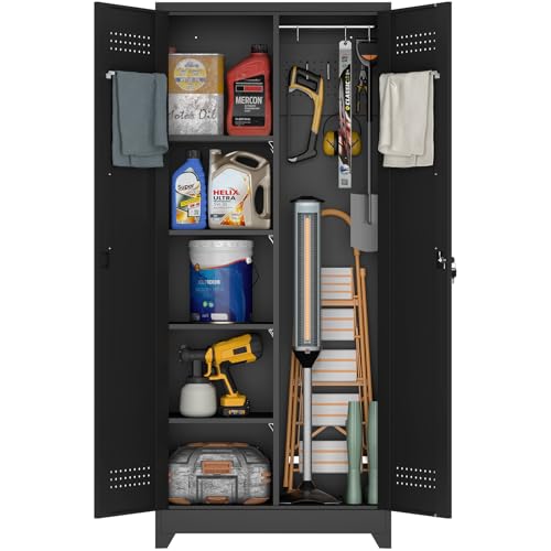 Metal Utility Closet,Broom Closet Storage Cabinet with Doors and Shelves,Locking Storage Cabinets for Home Office,Gym,Laundry,Black - size: 72"H x 31.5"W x 15.74"D-Black