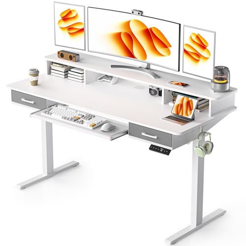 WALKINGDESK 63 Inches Electric Standing Desk with Keyboard Tray, Height Adjustable Sit to Stand Table with 2 Drawers, Ergonomic Home Office Desk with Storage Shelf, Computer Table, White - color: White, size: 63x24