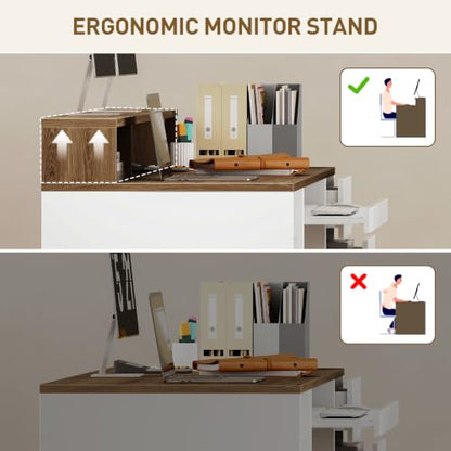 RALGEND 55" Office Desk with Drawers, Farmhouse Executive Desk with Drawers - color: White, Walnut