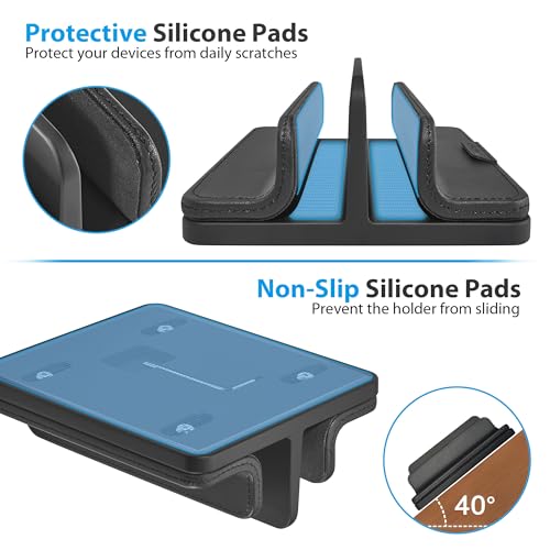 Dual Vertical Laptop Stand, 3 in 1 Upright Desktop Stand Holder with Adjustable Dock (Up to 17.3''), Leather Laptop Rack Storage Desk Organizer for Phone, Tablet, MacBook/HP/Dell/Chrome Book (Black) - color: Black