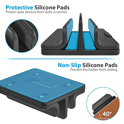 Dual Vertical Laptop Stand, 3 in 1 Upright Desktop Stand Holder with Adjustable Dock (Up to 17.3''), Leather Laptop Rack Storage Desk Organizer for Phone, Tablet, MacBook/HP/Dell/Chrome Book (Black) - color: Black
