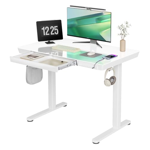 YDN Glass Standing Desk with Drawers, 40x24 Inch, White | Quick Install, Whole-Piece Glass Top, USB ports and a Type-C port, Buil in Drawers, Writable Glass Top, 2 Hooks - color: White, size: 40inch
