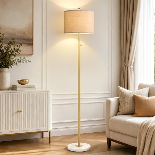 【Upgraded】 Dimmable Floor Lamp for Living Room, 11W LED Bulb Included, Modern Standing Lamp with Marble Base, Tall Pole Light with Linen Shade for Bedroom Reading Office Corner Nursery-Brass Gold - color: Gold-Marble-Beige Linen Shade