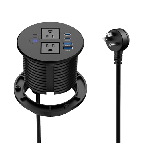 3-1/8" Desktop Power Grommet with Overload Protection Switch, 2 PD 20W USB-C Fast Charging, 2 QC3.0 18W USB-A, Recessed Outlet, Flush-Mount Power Grommet for Home Office