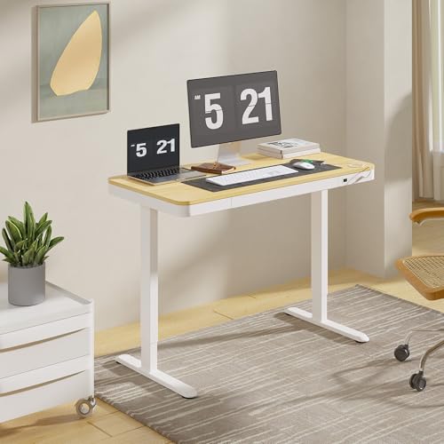 FLEXISPOT Comhar 48" Electric Standing Desk with Drawers, USB Charging Ports, Quick Assembly, Height Adjustable Sit Stand Computer Desk with Child Lock for Scandinavian Home Office, Maple - size: 48"Maple/White