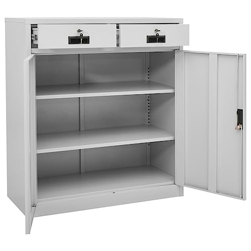 Steel Office Cabinet, 2 Drawer Lateral Filing Cabinet with Lock and Adjustable Shelves, Light Gray Metal Storage Credenza for Home Office, 35.4" x 15.7" x 40.2"