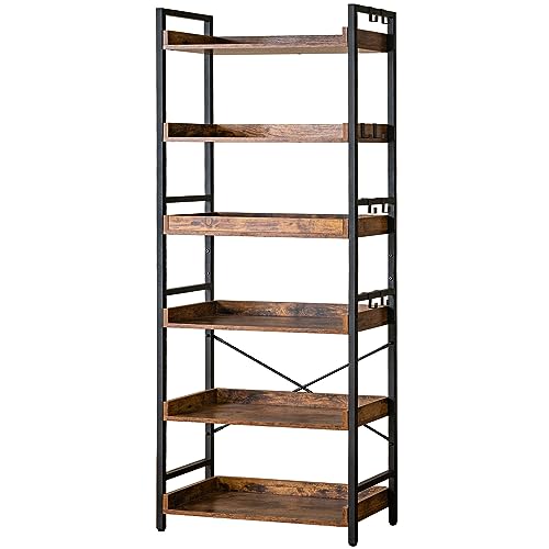 HCHQHS Adjustable 6 Tier Open Bookcase, Rustic Farmhouse Book Shelves, Industrial Wood and Black Metal Bookshelves, Mid Century Bookcase for Home Office Living Room Bedroom - color: Rustic Brown, size: 6-Tier (24"W x 70"H)