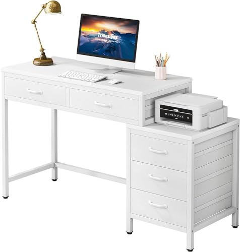 Tribesigns Computer Desk with 5 Drawers, Reversible Home Office Desks - color: White