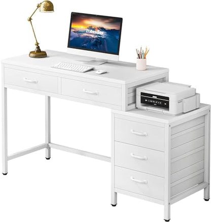 Tribesigns Computer Desk with 5 Drawers, Reversible Home Office Desks - color: White