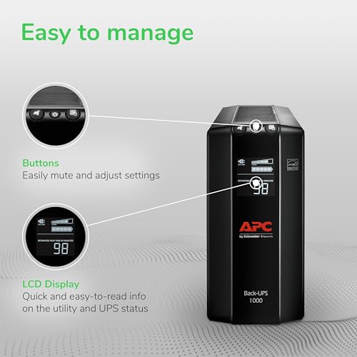 APC 1000VA/600W Pro UPS Battery Backup for Office Electronics, AVR, BX1000M | 1000VA Back-UPS Pro for home offices — 8 outlets, LCD, AVR, surge protection, 42-min runtime (@100W) for PCs & workstations - size: 1000VA